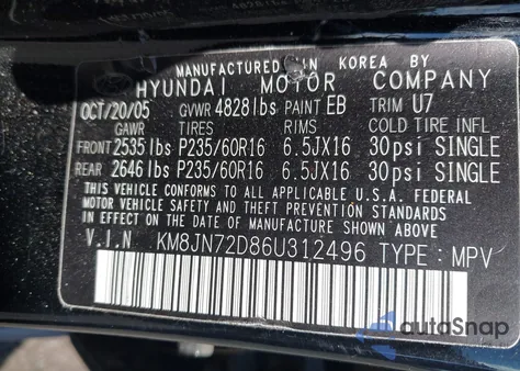 2006 Hyundai Tucson Gls/Limited from USA, damaged, VIN KM8JN72D86U312496